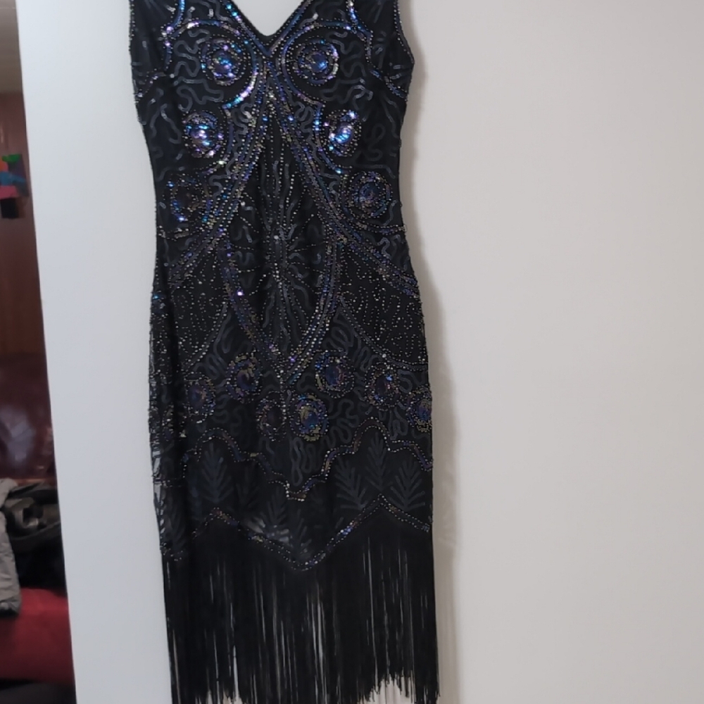 Unique Vintage Black Dress with Blue Beaded Accents